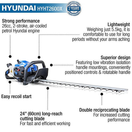 Hyundai Petrol Hedge Trimmer/Pruner, 26cc 2-stroke Easy-Start, Lightweight and Anti-Vibration, 24” (60cm) Blade by Hyundai | HYHT2600X