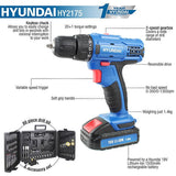 Hyundai HY2175 18v Li-Ion Cordless Drill Driver Includes 89 Drill Bit Accessories & Carry Case