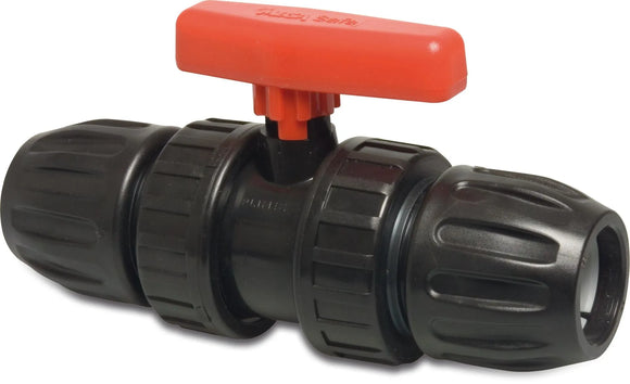 20mm Ball Valve PP, with secured ball, Compression x Compression