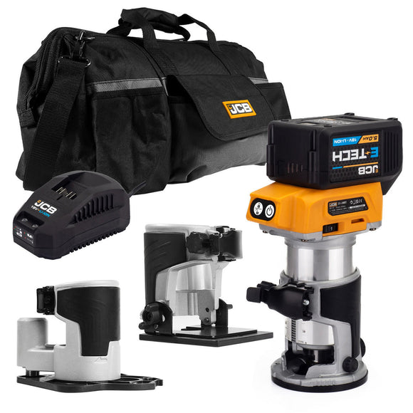 jcb tools JCB 18V B/L Router with 3x bases (trimmer, offset, incline) 5.0ah battery and charger in 20