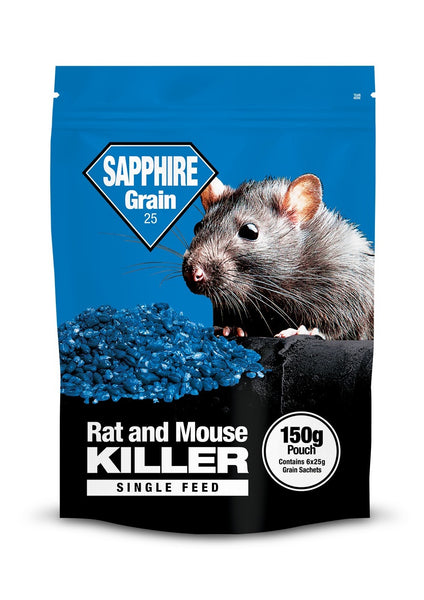 Sapphire Grain 25 - A 150G Pouch of 25g Sachets with a Mix of Whole & Cut Wheat Brodifacoum Based Bait